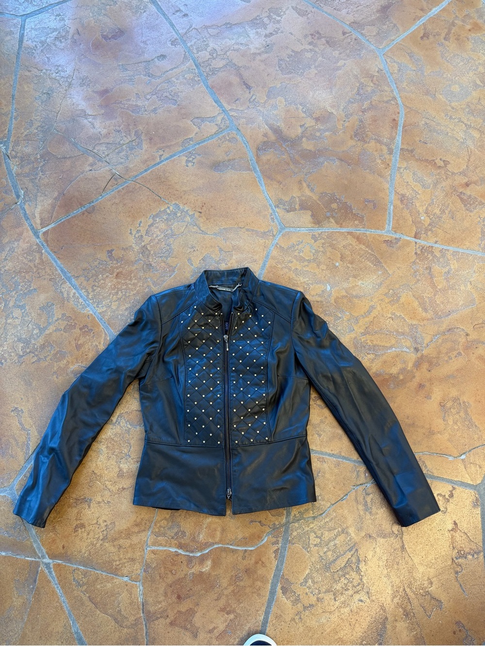 White Black Women’s Genuine Leather Black Studded Zip Biker Jacket Lined XS